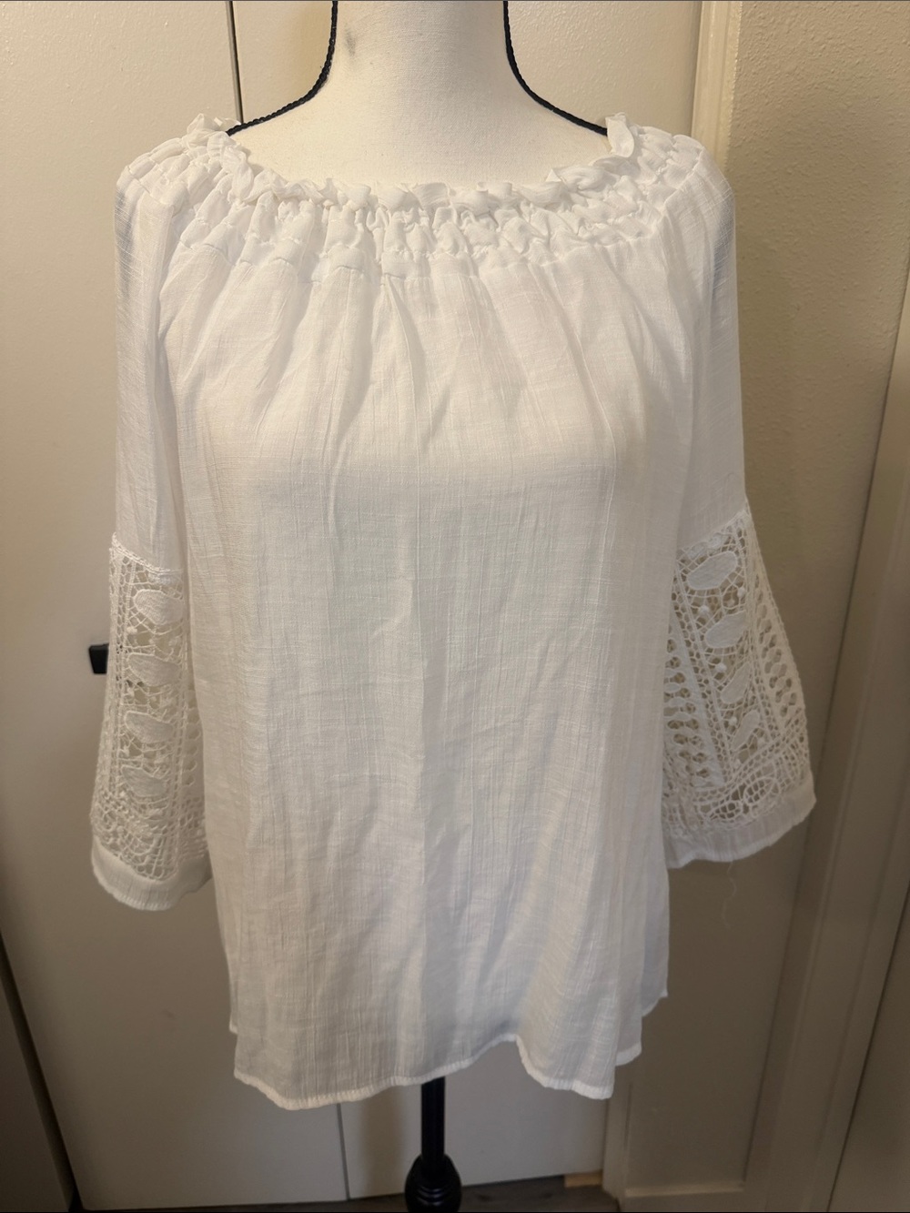 Women's White Boho Peasant Blouse with Crochet Sleeves